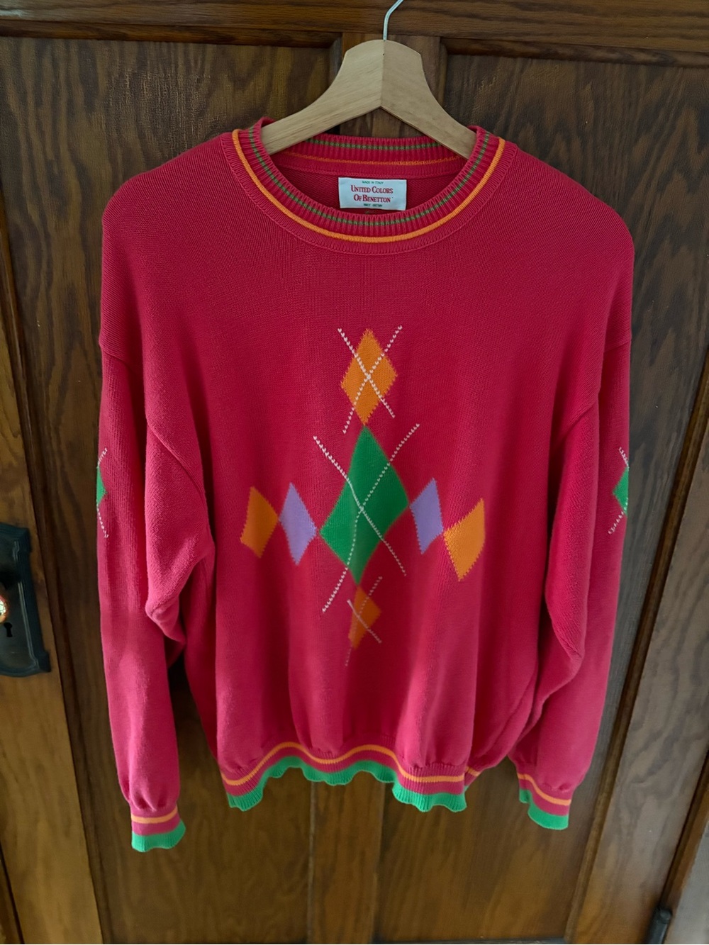 90s Vintage United Colors of Benetton Cotton Argyle Pullover Sweater L Pink VGUC